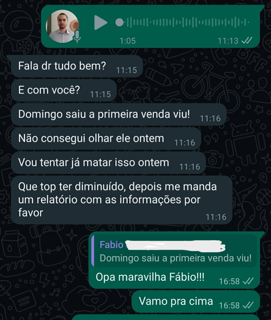 Print de conversa no WhatsApp em que o parceiro avisa que saiu a primeira venda
