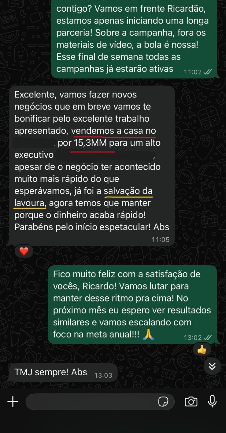 Print de conversa no WhatsApp em que o parceiro relata a venda de uma casa por R$15,3 milhões